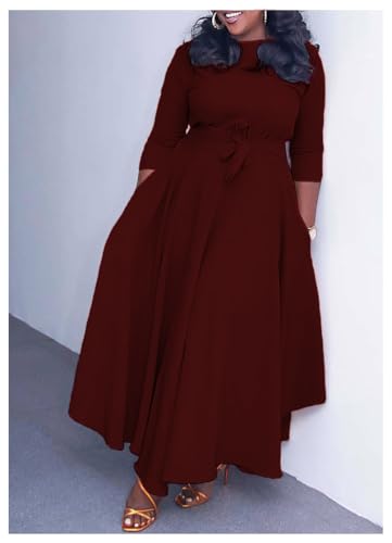 Image of Hostoyo Women Plus Size Formal A Line Maxi Dress Self Tie Waist with Pockets Elegant Round Neck Swing Long Dresses