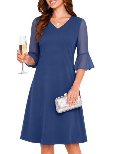 OTEN Chiffon Bell-Sleeve V-Neck A-Line Dress