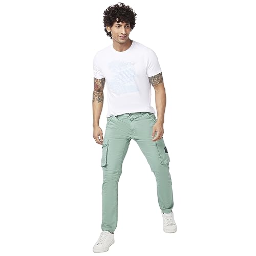 Image of Spykar Men Olive Green Cotton Slim Fit Ankle Length Mid Rise Trousers