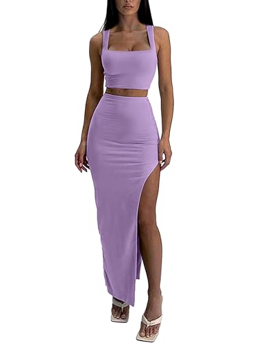 Image of ELLEVEN Two Piece Maxi Skirt Sets for Women, Square Neck Tank Tops with High Side Slit Dress Sets Summer Outfits