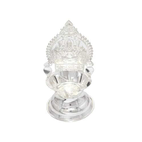 Image of Sterling Silver Kamakshi Amman Vilakku | Velli Kamatchi Devi Diya | Gaja Lakshmi Oil Lamp | Lakshmi Deepam for Pooja & Gifting