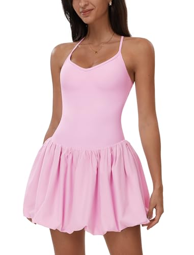 Women's Tennis Dress Spaghetti Straps Ruffle Cami Bubble Golf Dress with Shorts Yoga Fitness Active Dresses