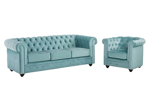 Vente-unique-Couchgarnitur 3+1 - Samt - Hellblau - Chesterfield