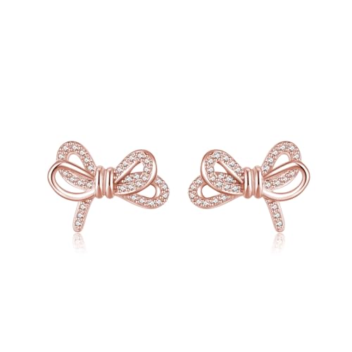 SLUYNZ Sterling Silver CZ Bow Studs Earrings for Women Teens Bowknot Studs Earrings