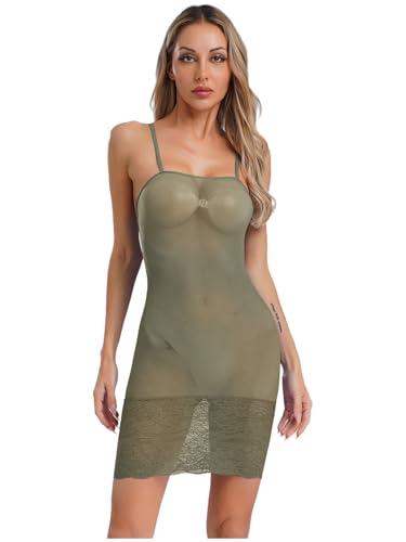 Kvysinly Damen Durchsichtig Minikleid Bodycon Nachtkleid Slim Fit Etuikleid Mit Spitze Am Saum Rückfreier Trägerkleid Nachtwäsche Grau...