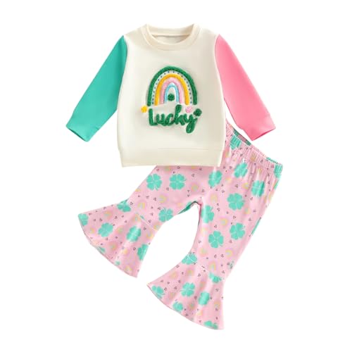 Image of BemeyourBBs Toddler Girl St Patricks Day Outfit Baby Girl Shamrock Sweatshirt Top Flared Pants Set 2 Piece Spring Clothes