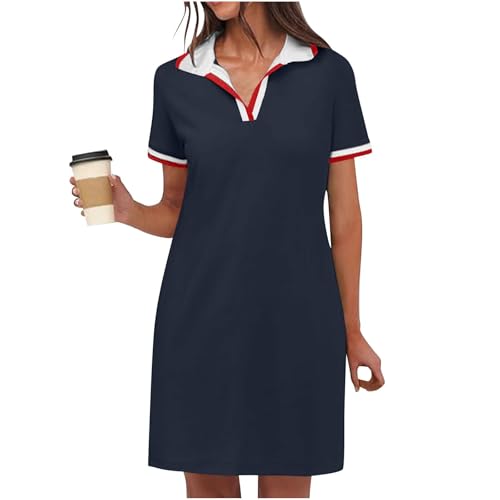 FGVFCS Women Dresses Tennis Golf Dress Mini Shirt Dress with Pockets Short Sleeve A Line Sweatshirt Dress Striped Trim Dress Ladies V Neck Tunic Dress Activewear for Sports Workout Versatile - Image 2
