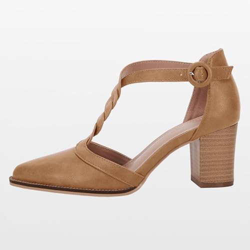 Image of Coutgo Womens Block Chunky Heels T Strap Pointed Toe Work Dress Shoes | Closed Toe Pumps, 2.6-In Stacked Heeled Sandals, Adjustable Ankle Strap, Party Prom, Wedding, Office