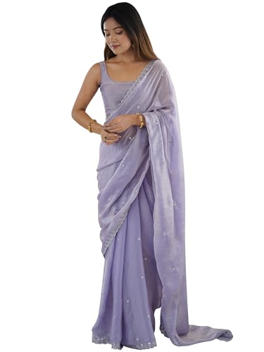 Image of AKHILAM Women's Shimmer Tissue Embroidered Saree With Unstitched Blouse Piece