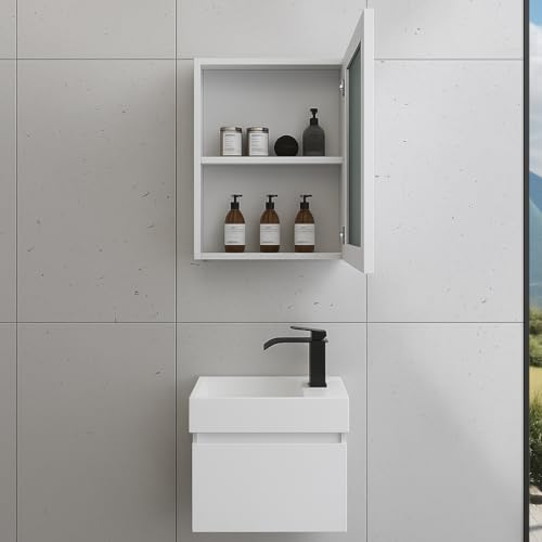 Faizee Home | Badmöbel Set Weiß – Waschtisch mit Unterschrank, Keramik-Waschbecken & Spiegelschrank | Inkl. Wasserfall-Armatur in Schwarz | Modernes Badezimmermöbel mit elegantem Design