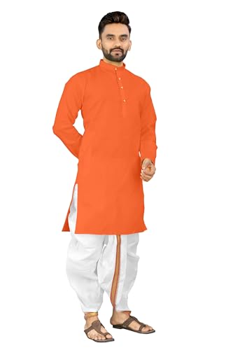 Image of UNIQUE MOMENTS Men's Cotton Dhoti Kurta Set with Full Sleeves Solid Pattern Modern Style and Mandarin Collar Neck | Perfect for Puja & Celebrations