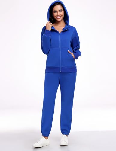 PINSPARK 2 Piece Sets for Women Fleece Sweatsuits Zip Up Hoodie Sweatshirts Drawstring Jogger Sweatpants With Pockets 20244