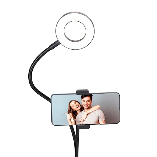 Grundig Ring Light avec Support Telephone - Lampe sur Pied avec Pince de Table - 2X Ø9cm Anneau Lumineux avec 48 LED - 3 Modes d'Eclairage - Alimentation USB - Bras Flexibles