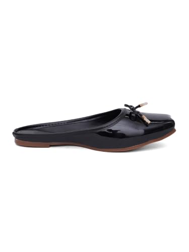 Image of TRYME Elegant Women's Glossy Patent Slip-On Mules with Bow Detail | Comfortable Flat Sandals for Office, Casual & Daily Wear