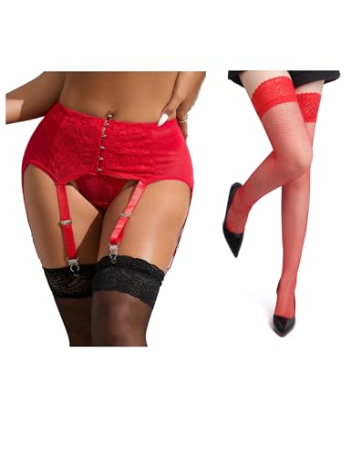 Medias autoadhesivas de encaje rojo con ligueros para curvas perfectas