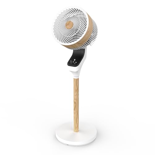 LUMIKING Ventilador de Pie Silencioso con Control Remoto y Pantalla Tactil, 3 Velocidades, Oscilación 3D, Silencioso, Potente 50W, Temporizador 9h, LED Display, Diseño Moderno (Blanco/Haya)