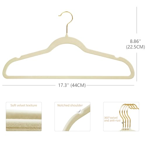 ManGotree Samt-Kleiderbügel mit 360° Drehbarem Goldhaken, rutschfeste Filz-Anzugbügel, Platzsparender Kleiderbügel für Jacken, Pullover, Hemden, Kleider, Hosen (66 Stück, Beige)