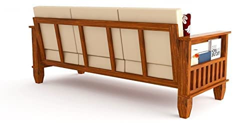 Image of Solid sheesham Wood Standard Sofa Set 3 Seater Furniture Wooden 3 Seater Sofa Set with Cushions (Honey)
