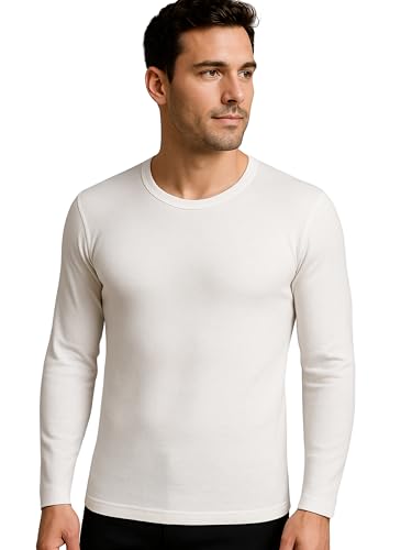 Liabel - Camiseta interior para hombre de algodón cálido de manga larga (lote de 2) suave camiseta interior de invierno efecto térmico natural blanco o negro, Blanco Gargantilla - 2pcs, L