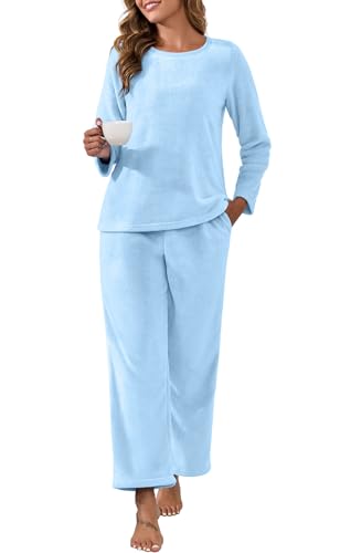 PrinStory Fluffy Flannel Winter Pajamas for Women - Plush Fleece Warmth, 2-Piece Fuzzy Pajama Set with Pockets Blue-L