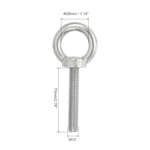 Image of PATIKIL M12 x 70mm Lifting Shoulder Eye Bolt, 2Pcs 304 Stainless Steel Lifting Ring Threaded Eyebolt with Nuts Washers for Hanging Hammocks Articles