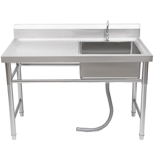 Freestanding Stainless Steel Sink Commercial Restaurant Sink with Faucet Single Bowl Laundry Sinks with Drainboard Prep & Utility Washing Hand Basin Kitchen Workstation for Laundry Room