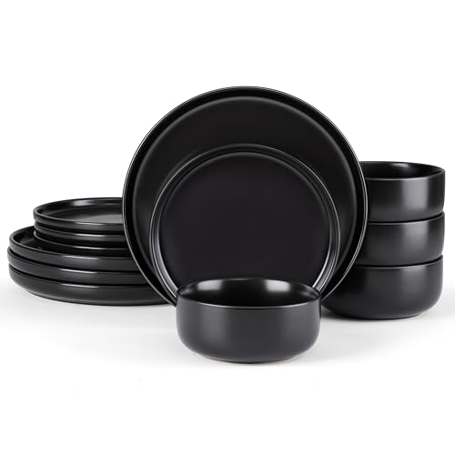 E-far Stoneware Dinnerware Sets for 4, 12-Piece Plates and Bowls Set, Modern Ceramic Dishes Dinning Ware, Microwave & Dishwasher Safe - Matte Black E-far Stoneware Dinnerware Sets for 4, 12-Piece Plates and Bowls Set, Modern Ceramic Dishes Dinning Ware, Microwave & Dishwasher Safe - Matte Black
