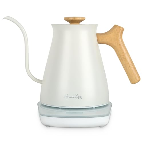 Harriet Gooseneck Electric Kettle with Temperature Control & Bult-in Timer - 1200W Fast Heating, 0.8 Liter, Wood Handle, Stainless Steel Electric Tea Water Kettle for Pour Over Coffee and Tea, White