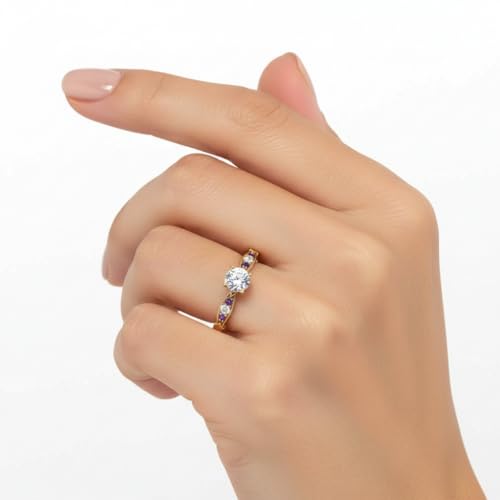 Image of Choose Your Gemstone Petite Pave Diamond CZ Engagement Ring Yellow Gold Plated Round Shape Petite Engagement Rings Minimal Modern Design Birthday Gift Wedding Gift US Size 4 to 12