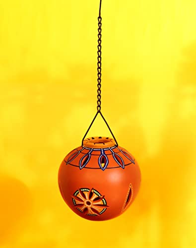 Image of AAKRITI ART CREATIONS Terracotta Handpainted Orange Hanging Tea Light | Floral Art Handmade Hanging Decor | Matte Finish Terracotta Decorative Hanging Items for Home | Handpainted Decor