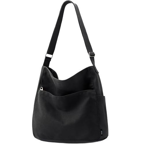 Kalidi Canvas-Tragetasche, groß, Hobo-Umhängetasche, Handtasche, Reißverschluss, Kuriertasche für Damen oder Herren, Freizeit, Uni, Arbeit, Schwarz, Nutzfahrzeug