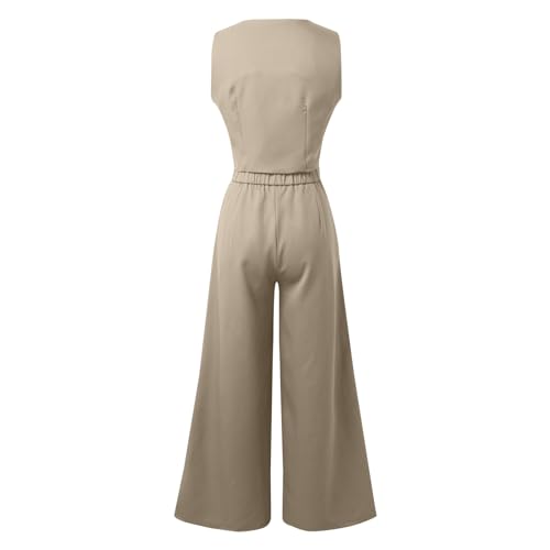 Pantalones rectos pierna ancha con bolsillos y chaleco abotonado a juego de moda 4