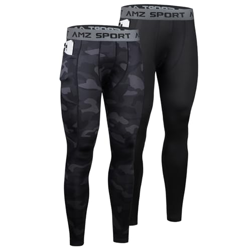 AMZSPORT Pack de 2 Pantalones de Compresión para Hombre, Largos y Transpirables, Leggings Deportivos para Correr, Entrenamiento, Fitness, Ciclismo, Baloncesto y Gimnasio Camuflaje Negro Negro L