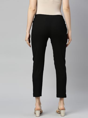 Image of MINELLI Women Solid Cigar Pants, Cotton Lycra Slub Fabric, Elasticated Waistband, Pull On Style, Regular Fit Bottom Wear for Western and Ethnic Wear