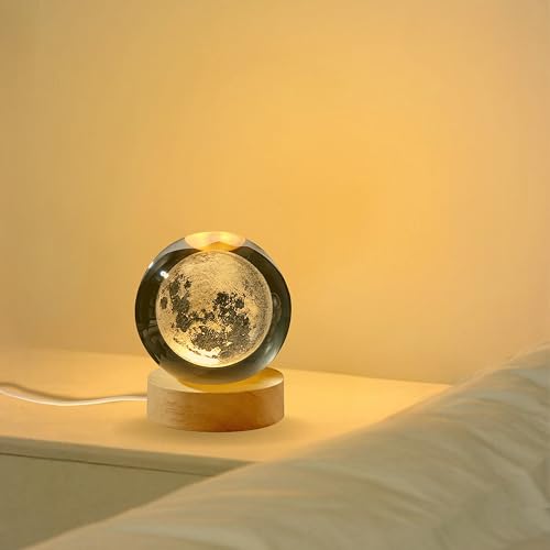 Image of 3D Moon Crystal Ball Night Light with Wooden Base, Table Lamp