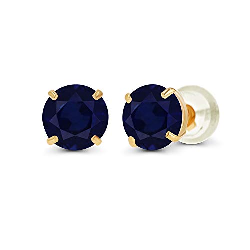 14K Solid Yellow Gold 4mm Round Natural Blue Sapphire September Birthstone Stud Earrings For Women