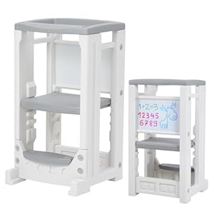 Toddler Tower Toddler Step Stool with Whiteboard 4 Adjustable Heights Toddler Kitchen Stool Helper with Safety Rail Baby Standing Tower Montessori Learning Step Stools for Kids Boys Girls Children