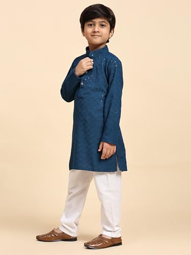 Image of Pro-Ethic Style Developer Men Silk Striped Father Son Matching Ethnic Wear Embroidery Mirror Work Kurta Pyjama Set |(Combo)B-117