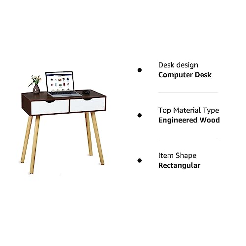 Image of Shoppee Engineered Wood Desk with 2 Drawers for, Computer Desk with Storage Shelves, Makeup Vanity Desk, Modern Writing Study Table Home Office Desks for Bedroom (Brown White)
