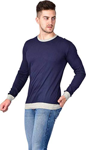Image of Solid Men Round Neck Navy Blue Cotton T-Shirt