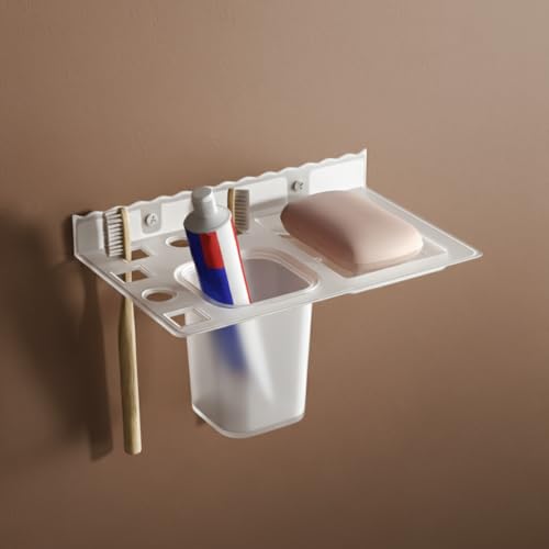 Image of GLOXY Unbreakable Transparent Wall Mount ABS Toothbrush & Tumbler Holder with Soap Dish, Usable for Bathroom and Wash Basin Area, Bathroom Accessories
