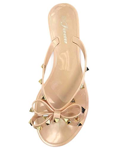 Forever Link Womens Studded Jelly Flip Flops Sandals With Bow, Nude, 9 #TOP3