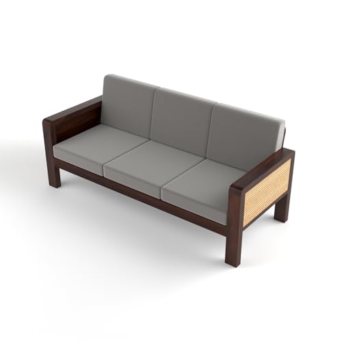 Image of Sheesham Wooden 3 Seater Sofa for Living Room | Solid Wood Sofa with Cane Side Panel | Rosewood Sofa Set for Home & Office | Lounge (Walnut Finish, 3 Seater)