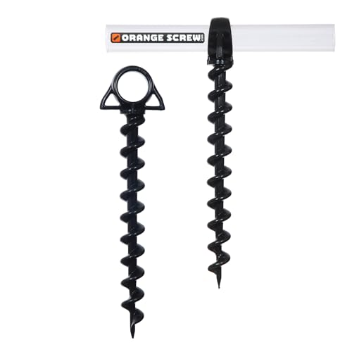 Orange Screw Ultimate Ground Anchors: Heavy Duty Screw-in Tent Stakes for High Wind, Sand, Canopies, and Camping - Made in USA, Included T-Grip Tool - (Large, 2 Pack, Black)