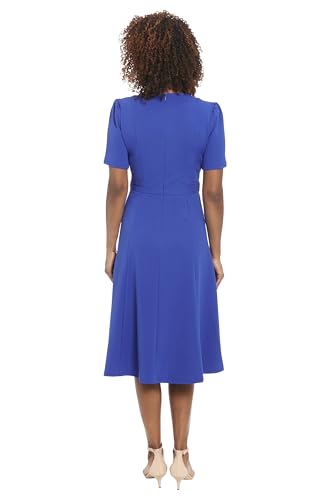 Image of London Times Women's Short Sleeve Crepe Fit and Flare Midi with Waist Button Detail