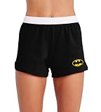 Popfunk Batman Classic Bat Shield Logo Womens Soffe Short, Elastic Fold Over Waist Shorts, Junior Fit - Black - Medium