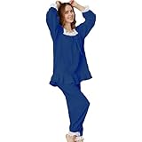 QJDFLL Lässiges Hosenanzug Set mit Spitzenärmeln für Damen, Lange Hosen, langärmliges Outfit, Bequeme Kleidung die tägliche Entspannung zu Hause(Blau,S)