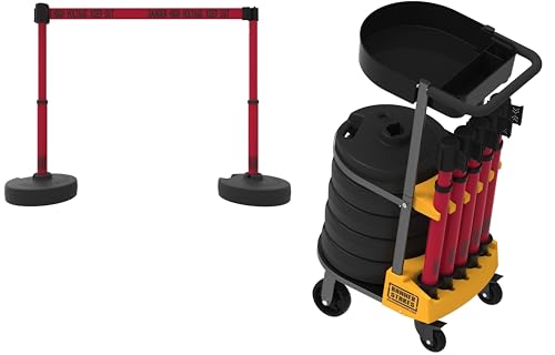 Banner Stakes, PLUS Cart Package with Accessory Tray, Red "Danger High Voltage Keep Out" Banner, Rust-Proof, Indoor and Outdoor, Stanchions, Retractable Belts, Fillable Base (PL4013T)