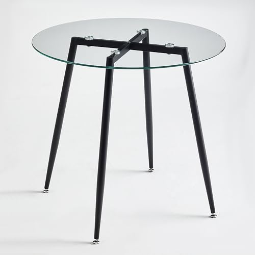 Image of Round Glass Dining Table Set for 4, 31.4 inch Tempered Glass Kitchen Table with 4 Green Velvet Upholstered Chairs, Modern Small Space Dining Room Furniture, Mid-Century Style