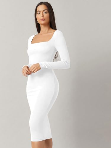 Image of Aahwan White Solid Square Neck Solid Midi Bodycon Dress for Women's & Girl's